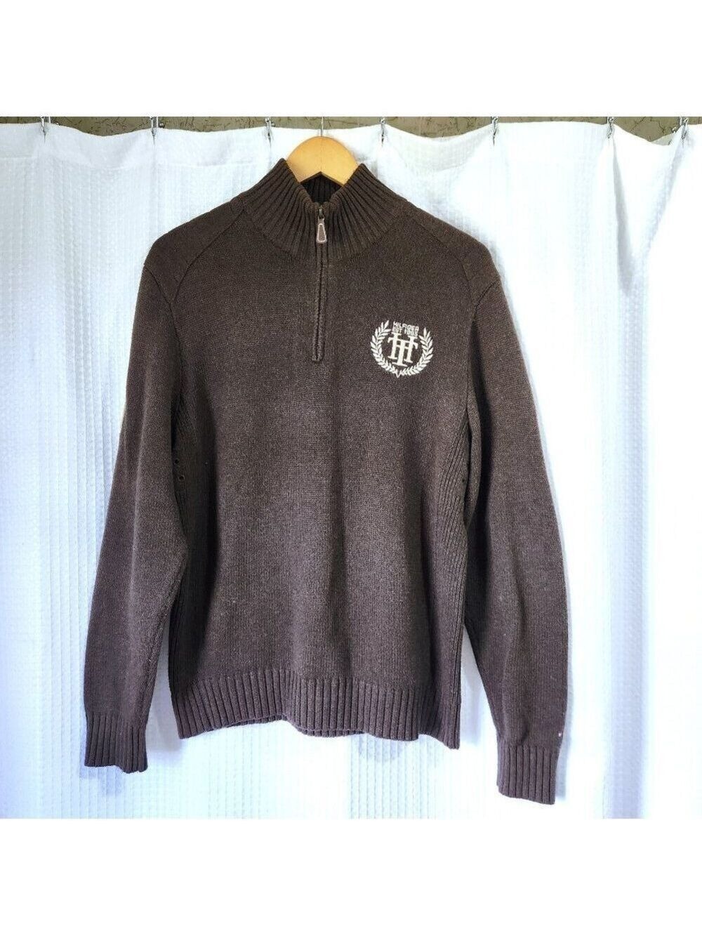 Tommy Hilfiger Sweater Size Medium Knit Brown 1/4 Zip Pullover Patched Elbows